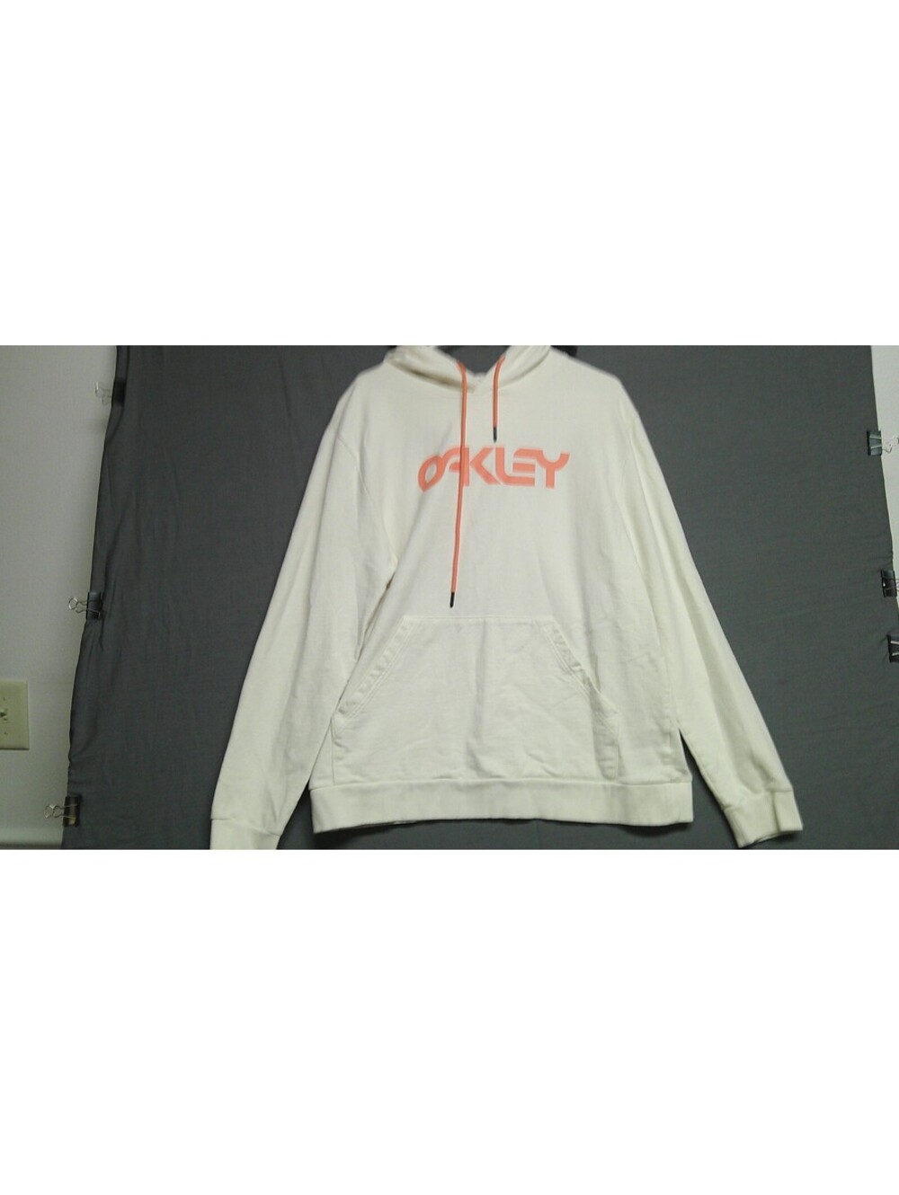 Oakley White Pullover Hoodie with Orange Logo and Drawstring